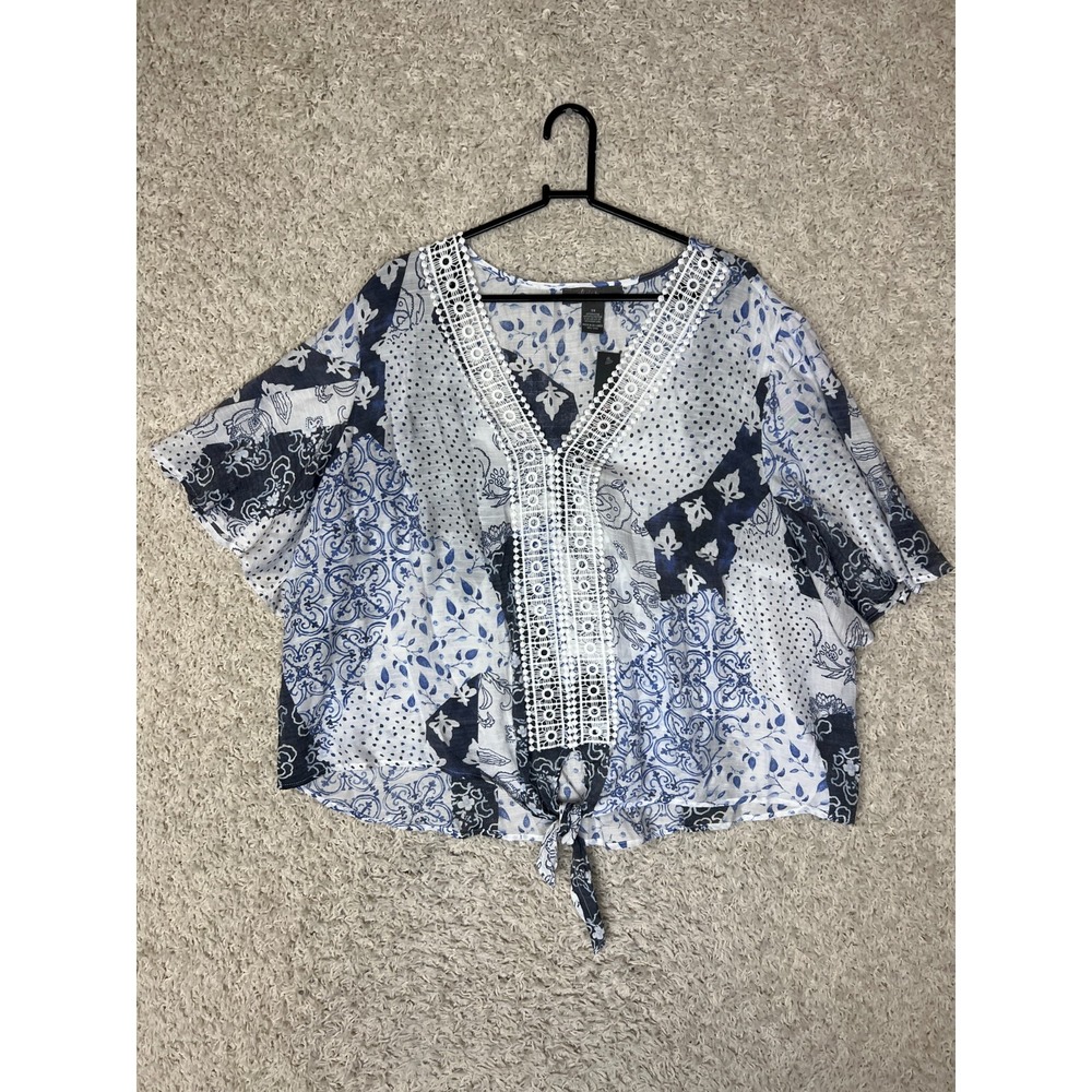 Olivia & Martin Blouse Womens Size 3X Blue‎ Crochet Trim Tie Front Beachy Boho